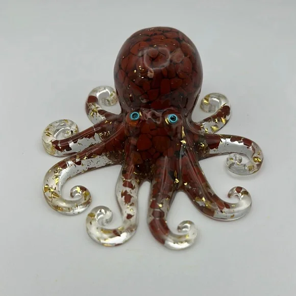 Red Jasper Crystal Chips and Gold Foil Flakes in Resin Octopus Figure - Picture 1 of 8